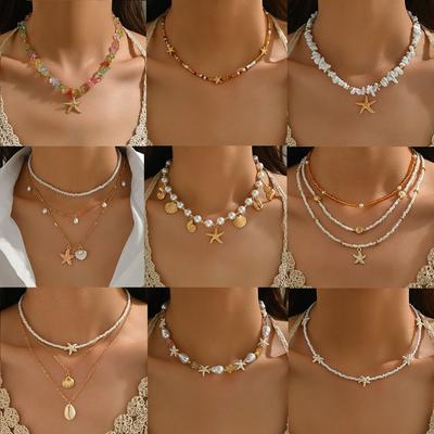 Choker élégant avec breloque pompon Chaîne de clavicule en métal Collier mode coquillages étoile de mer