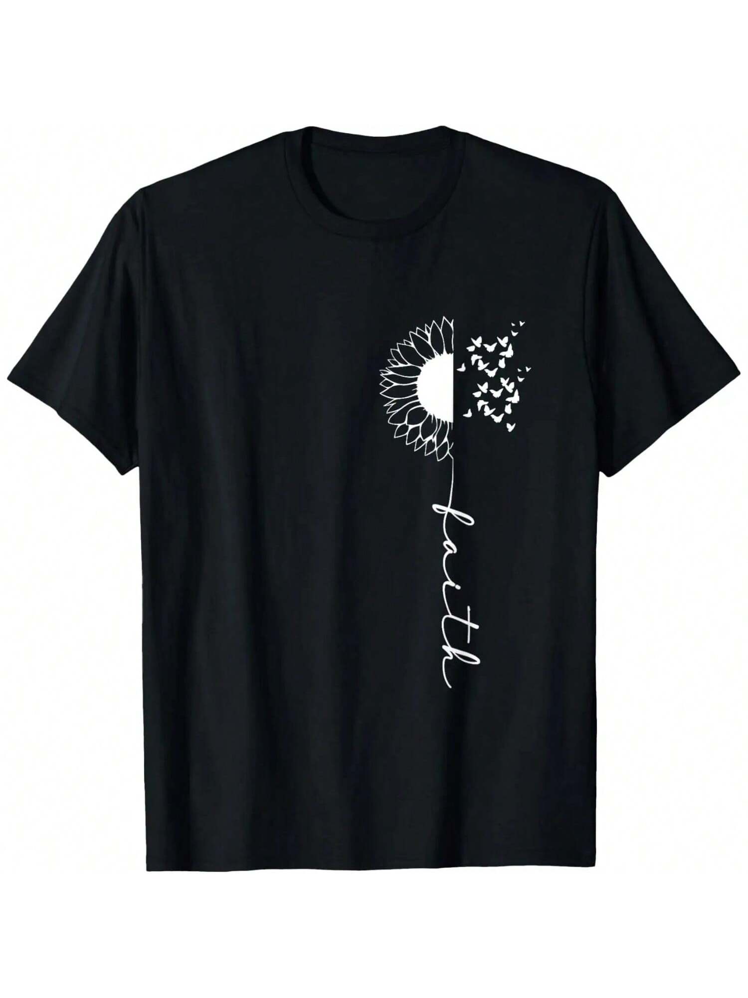 Faith Cross Sunflower Butterflies Simple Christian Design T-Shirt S