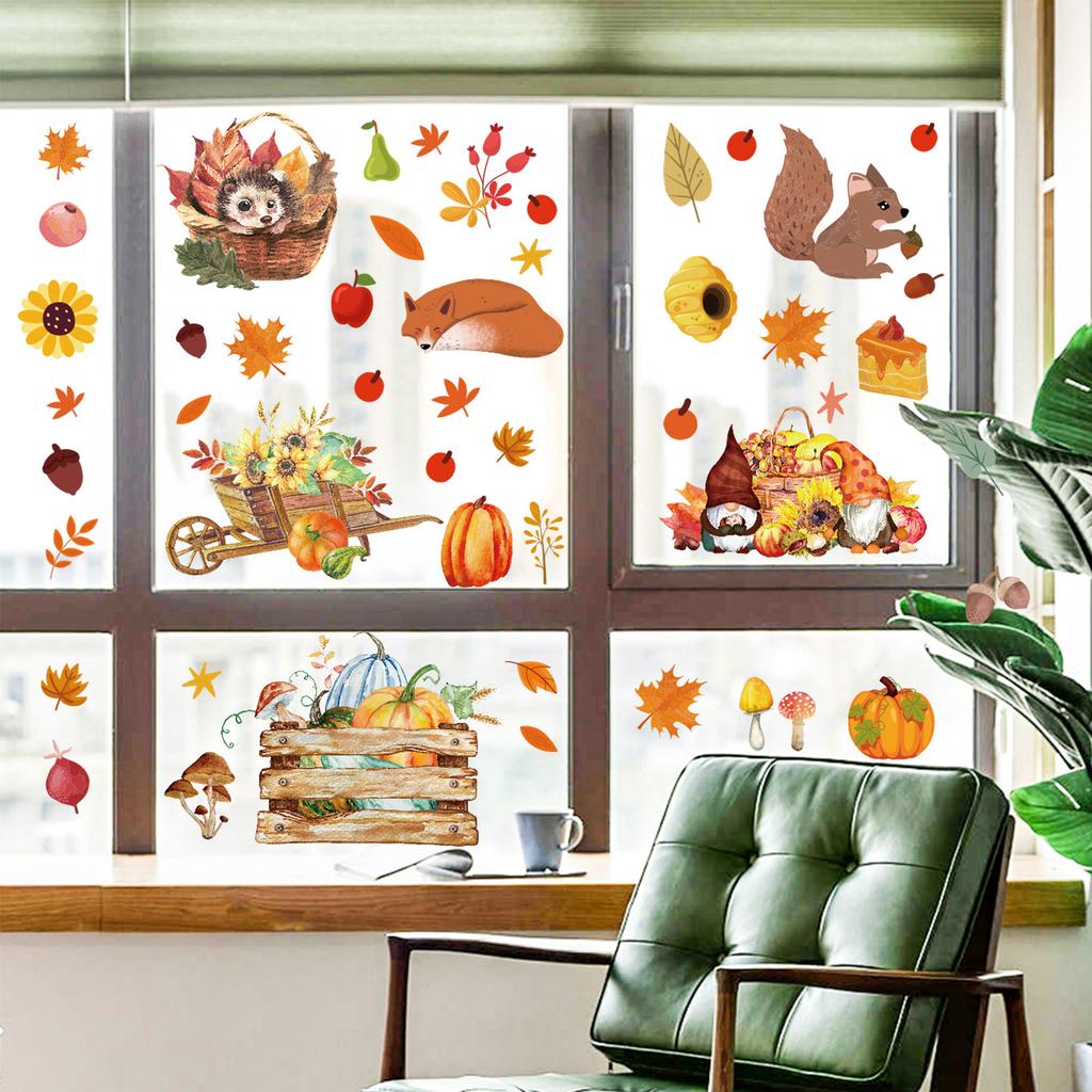 Autumn Maple Leaf Pumpkin Squirrel Static Cling Window Sticker Removable Fridge Glass Decor