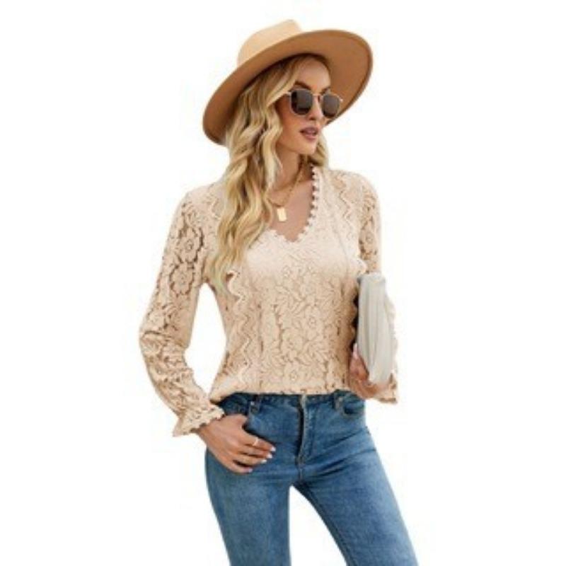 Vår och höst Dam Blus Spets Långärmad Enfärgad Utskuren Spets Sexig Stickad Topp