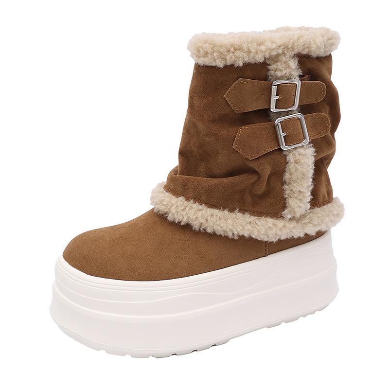 Women's Soft Elastic Mid-calf Thick Sole Winter Fur One Warm Cold Padded Snow Boots Non-slip Wear Casual Sports Pants Tube Boots