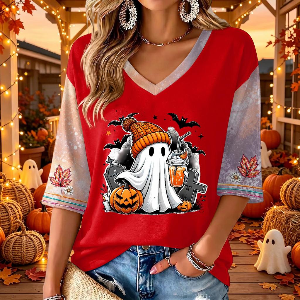 Women's Halloween Print V-Neck 3/4 Sleeve Casual Blouse Top
