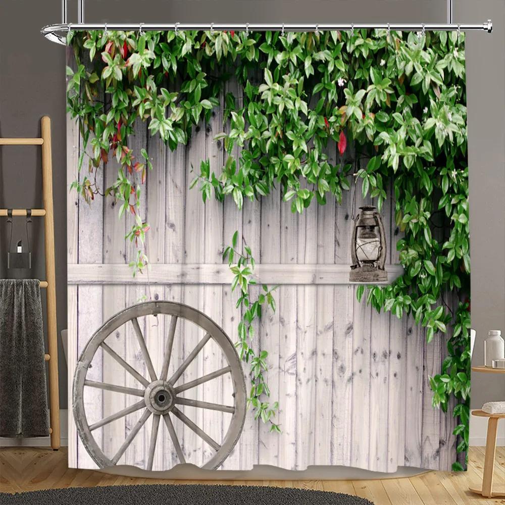 Brick Wall Shower Curtain Botanical Flower Natural Farm Vine Barn Rustic Wood Panel Home Polyester Fabric Bathroom Decor Curtain