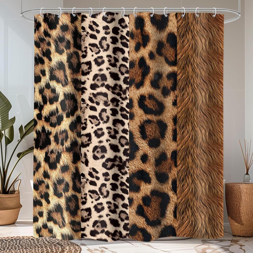 1Pc Multi-Pattern Shower Curtain Collection, Cow Print Leopard Cherry Bow Fabric Bath Decor With Hooks For Bathroom