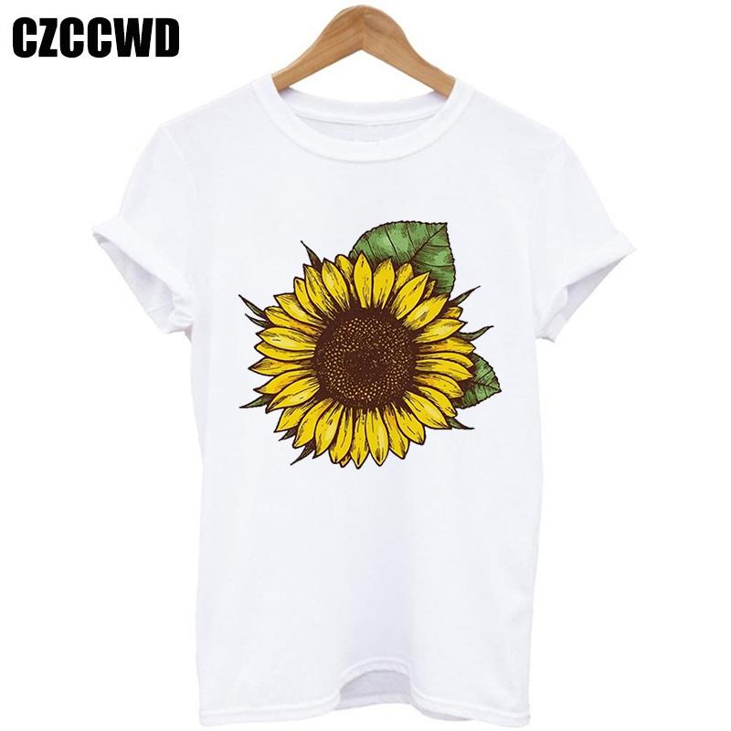 Sunflower Bee Kind Yellow Women Tshirt Aesthetics Graphic Short Sleeve Cotton Polyester T Shirts Female Camisetas Verano Mujer