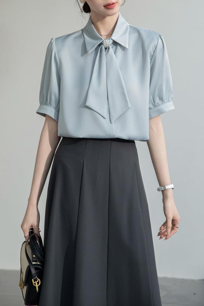 Shirt Blouse Summer Tops Collar Ribbon Short Sleeve Chiffon Plain Jacket Button Elegant Office Loose Fit Slimming Stylish Office Wear OL Commuting