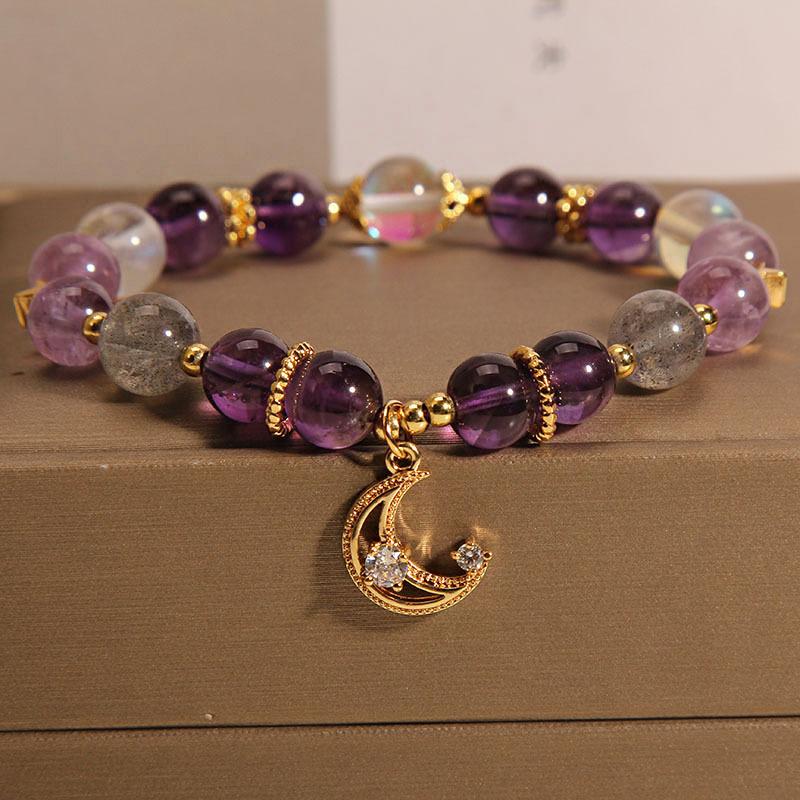 ZAKOL Japanese and Korean Fashion Purple Crystal Bracelet Leaves Flowers Stone Pendant Beaded Bracelets Women Girls Zircon Gift
