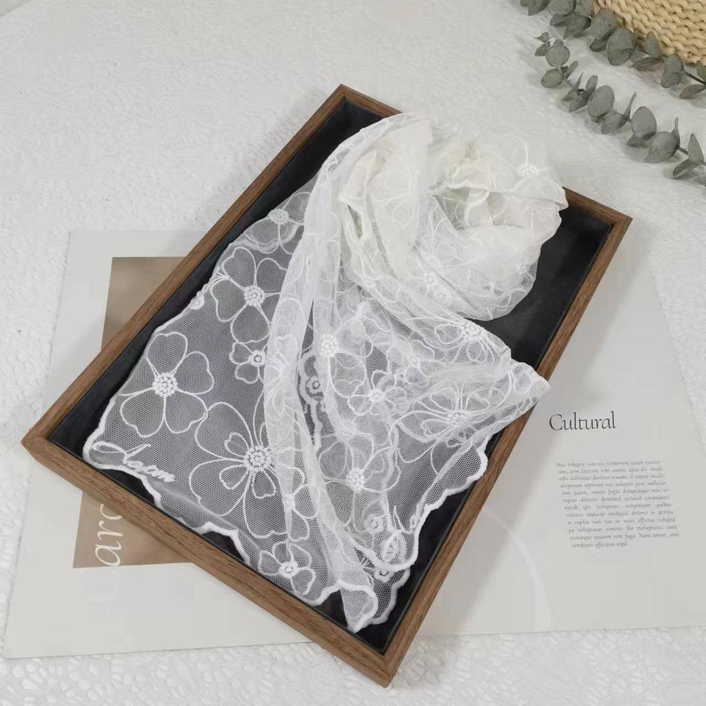 Korean Version Embroidery Lace Small Silk Scarf Spring and Summer Foreign Style Fashion Headscarf Headband Long Streamer