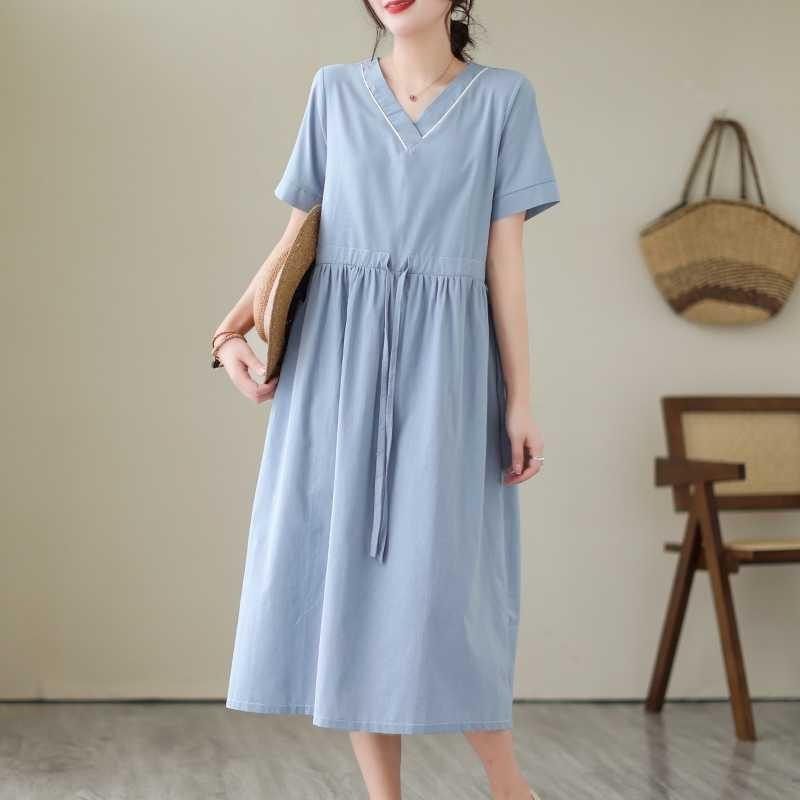 V-neck Mid-length Dress Summer New Retro Literary Large Swing A-line Skirt