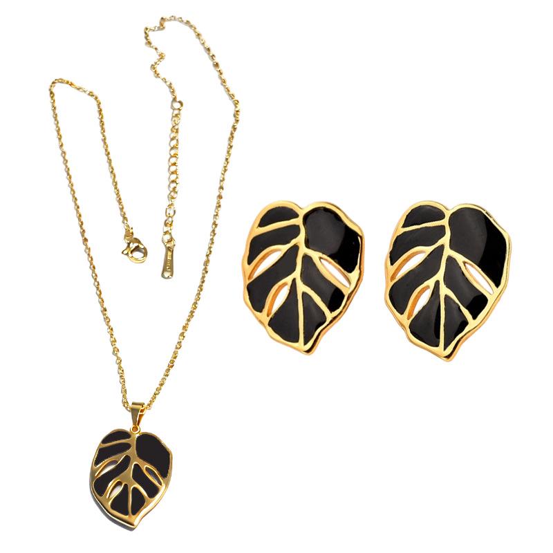 Leaf Pendant Necklace & Earrings Set - Fashionable Stainless Steel Clavicle Chain Jewelry