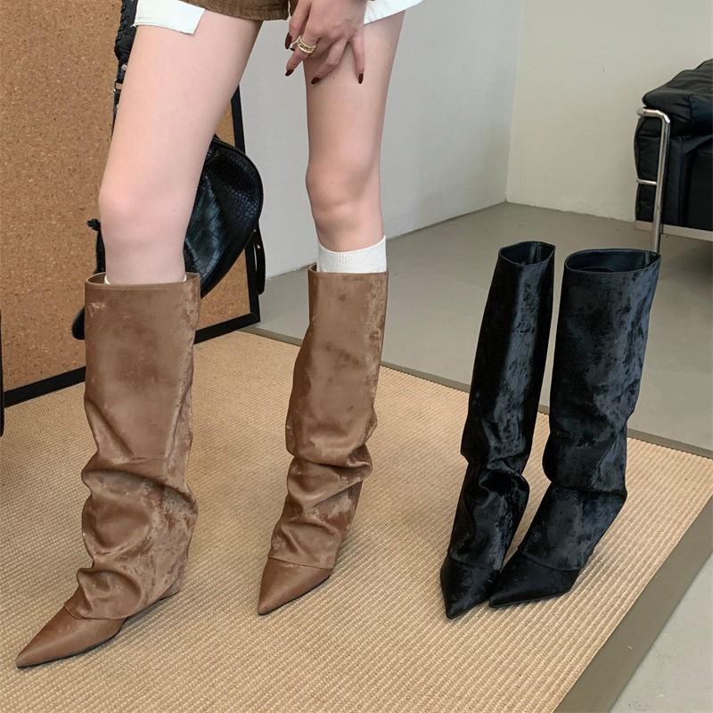 2025 new black pointed pleated Spice Girls long boots with wedges but knee straight boots high trouser boots