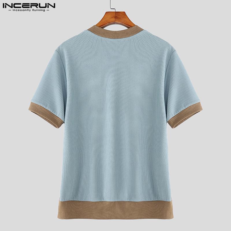 INCERUN Men V Neck Short Sleeve Stitching Casual Loose T-shirts Rib Tops