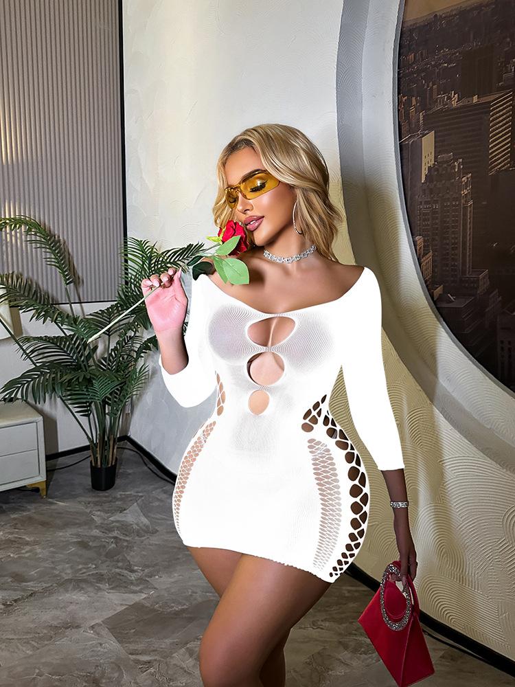 Long-sleeved ripped sex underwear foreign trade one-piece tights mesh coat hollow backless hip skirt w844