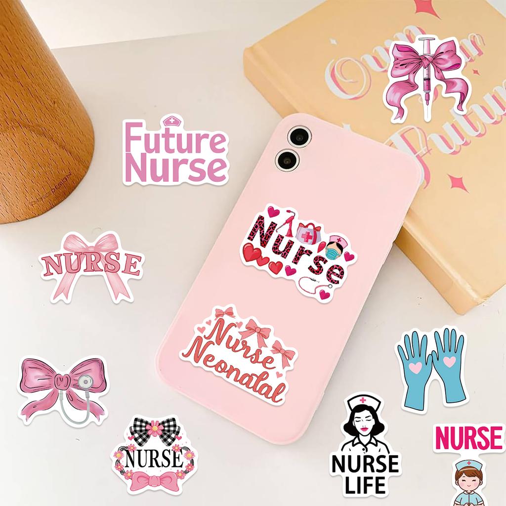 50 stuks Roze Strik Verpleegster Stickers Stethoscoop Naald DIY Decoratie voor Boek Envelop Telefoon Computer Leuke Doodle Stickers