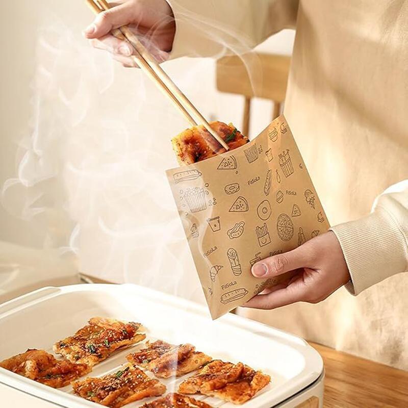 50PCS Disposable Kraft Paper Greaseproof Paper Bags Food Packaging Bag Barbecue Burrito Pancakes Pancakes Meat Buns Snack Bag