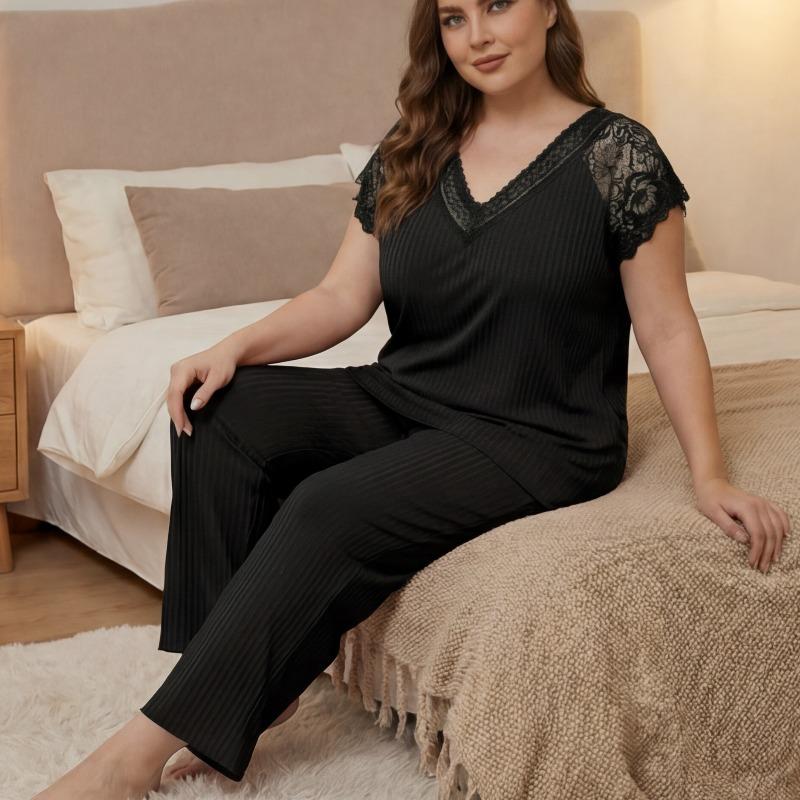 YYFS Women's Fashion Spring Summer Solid Color Print Short Sleeve V‑Neck Casual Pajama Set