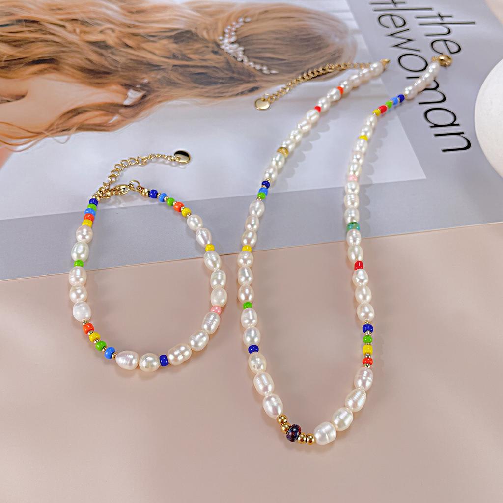 Opk Jewelry Light Luxury Color Beaded Bracelet Fashion Natural Freshwater Pearl Necklace Set