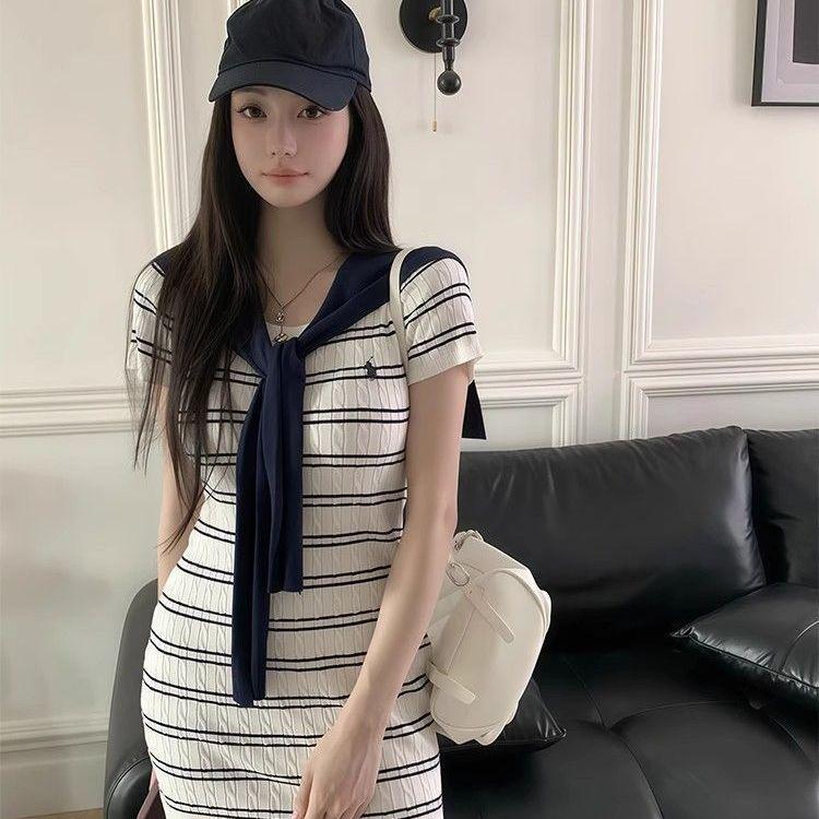 Pure Sensual and Sexy Knitted Short-sleeved Dress for Women, Summer Slimming and Figure-hugging Striped Short Skirt
