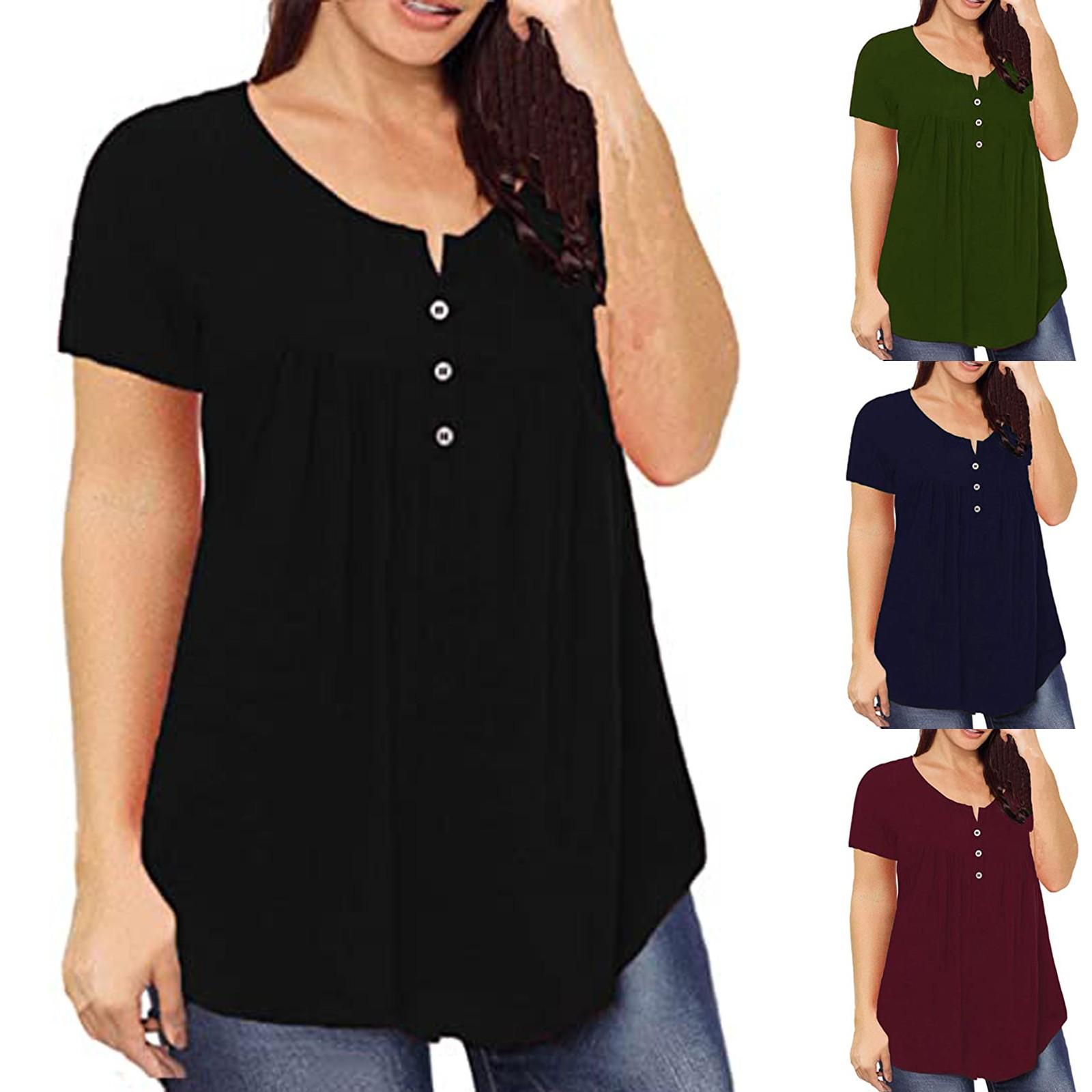 

Women s Plus Size Shirts V Neck Button Up Blouses Ruffle Tunics Short Sleeve Top