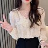 Small Fresh French Polka Dot Mushroom Edge Shirt for Women with A Unique Spring Design Long Sleeved Chiffon Top