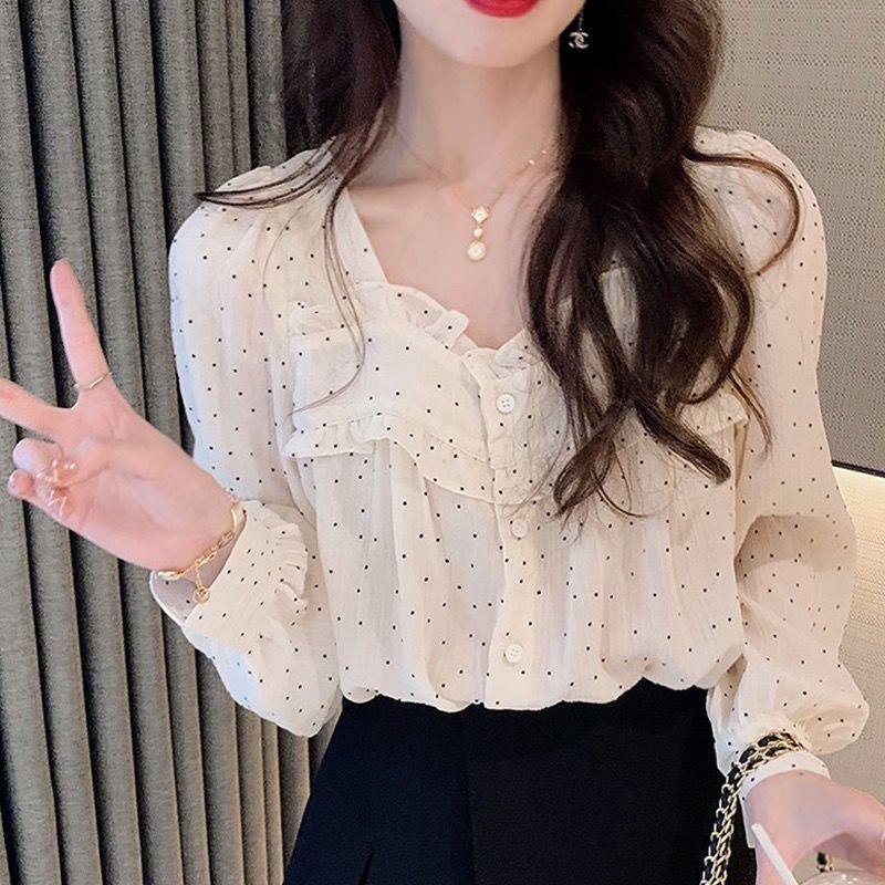 Small Fresh French Polka Dot Mushroom Edge Shirt for Women with A Unique Spring Design Long Sleeved Chiffon Top