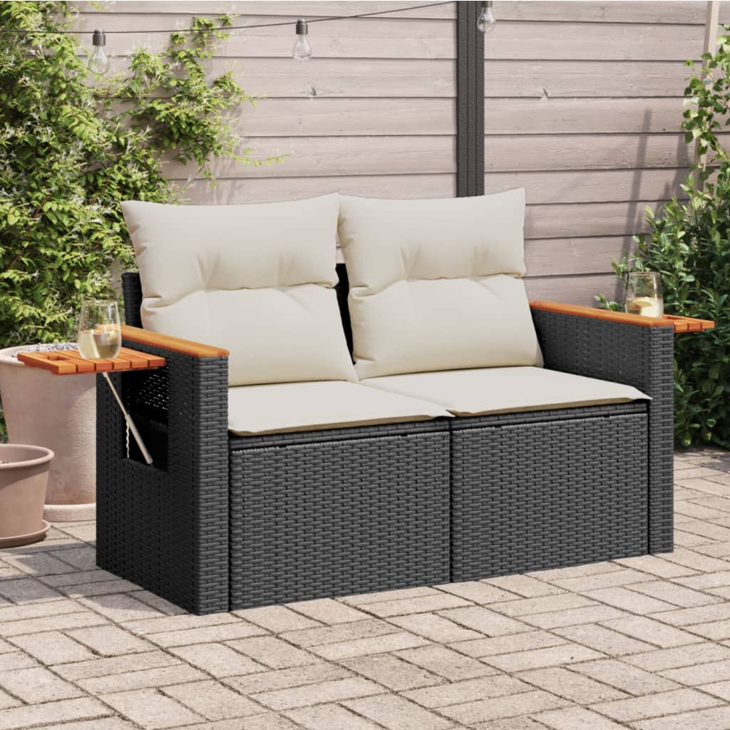 Garden Sofa with Cushions 2 Seater Black Poly Rattan