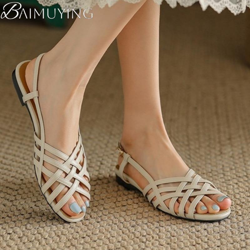 Weave Women Flat Sandals Slingback Casual Soft Sole Shoes Woman 2025 Trend Summer Comfort Dress Shallow Soft Leather Sandalias