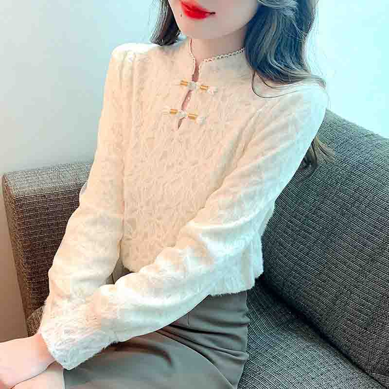 New 2024 Fashion Winter Chinese Style Long Sleeve Stand Collar Apricot Velvet Lace Blouse Shirt Women Tops Blouses Shirts J806