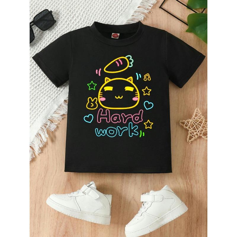 European sizes Cute Cat Cut-out Glow-in-the-dark Print T-shirt, Stylish Streetwear Print Design, Crew Neck Short-sleeve T-shirt. 98cm чёрный