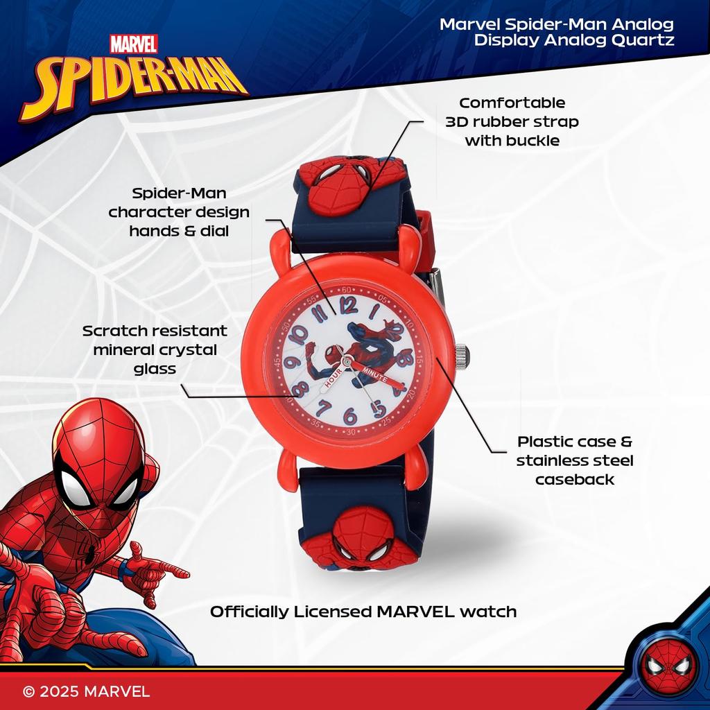 MARVEL Jungen Analog Quarz Uhr mit Kunststoff 16 Spider-Man Armband, Blau, (Modell WMA000161)