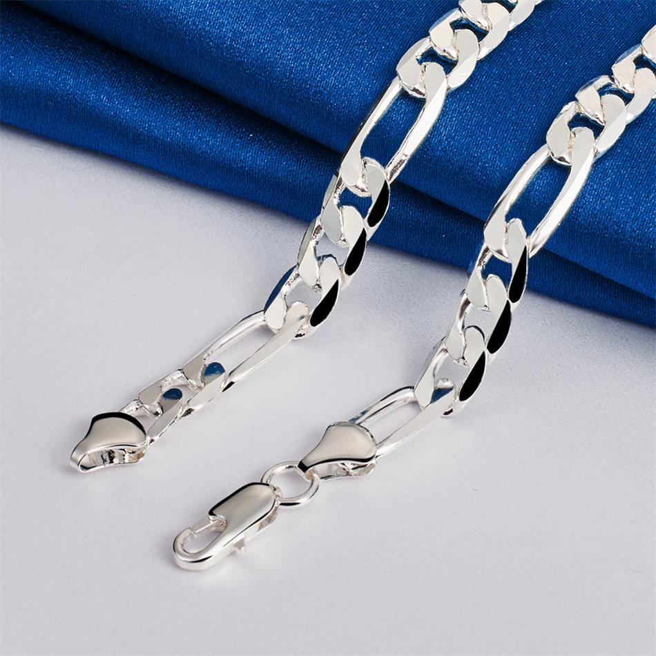 925 Sterling Silver Simple 8MM 16-30 Inch Figaro Chain Necklace Men Women Fashion Party Gift Jewelry