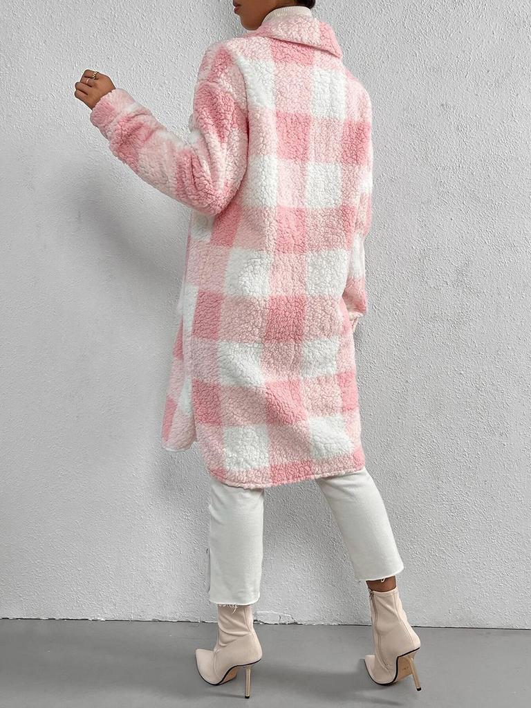 European and American Autumn/Winter Plaid Lapel Plush Button-Down Long Coat for Women
