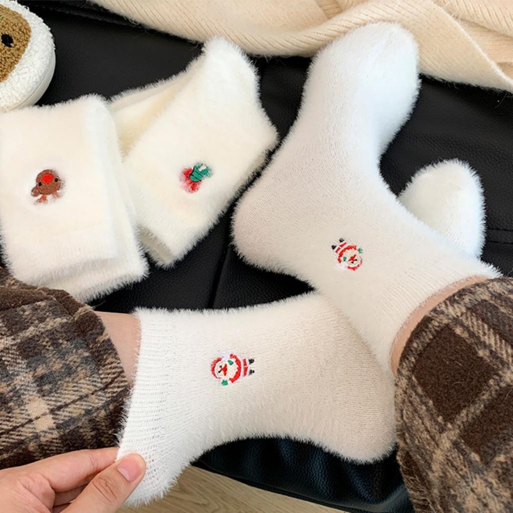 1Pair Christmas Pattern White Mink Fur Socks Women Winter Snowman Santa Claus Socks Soft Fleece Plush Warm Home Sleep Boot Socks