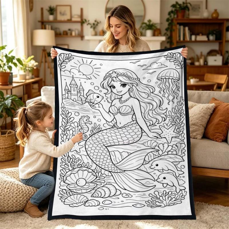 Kids Coloring Blanket Family DIY Painting Activity Gift Animal Themed Soft Throw