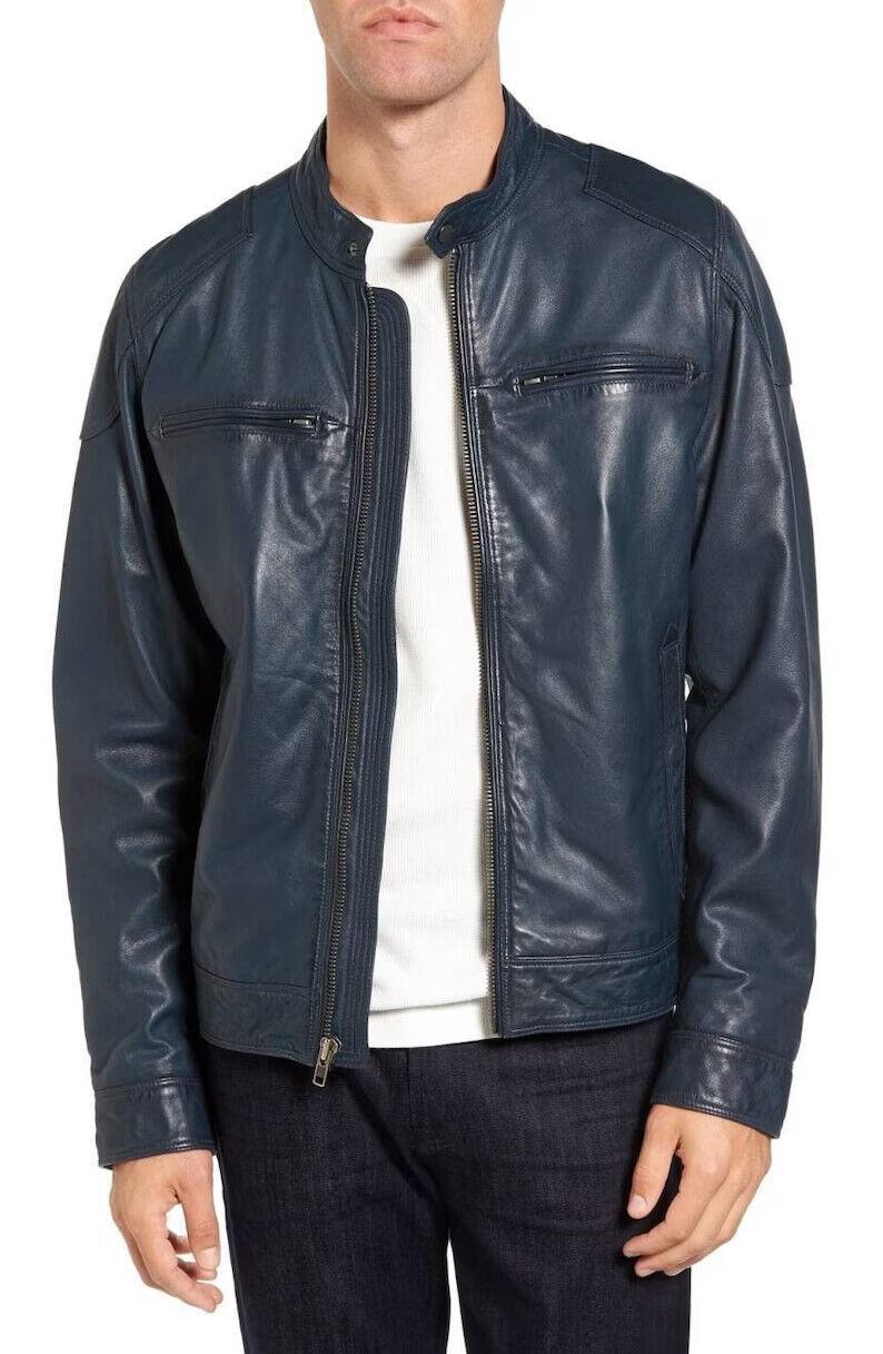 

Мужская оригинальная стильная байкерская повседневная синяя кожаная куртка из овчины ручной работы 2XL синий