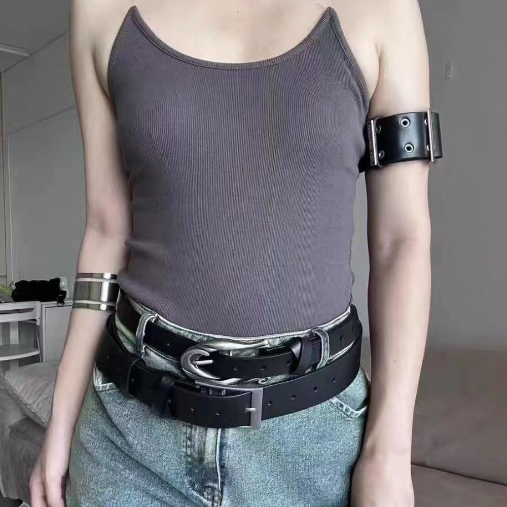 Retro Punk Sliver Color Belt Fastener Black Leather Armband Bracelets for Women Men Arm Belt Fashion Personality Jewelry Gifts
