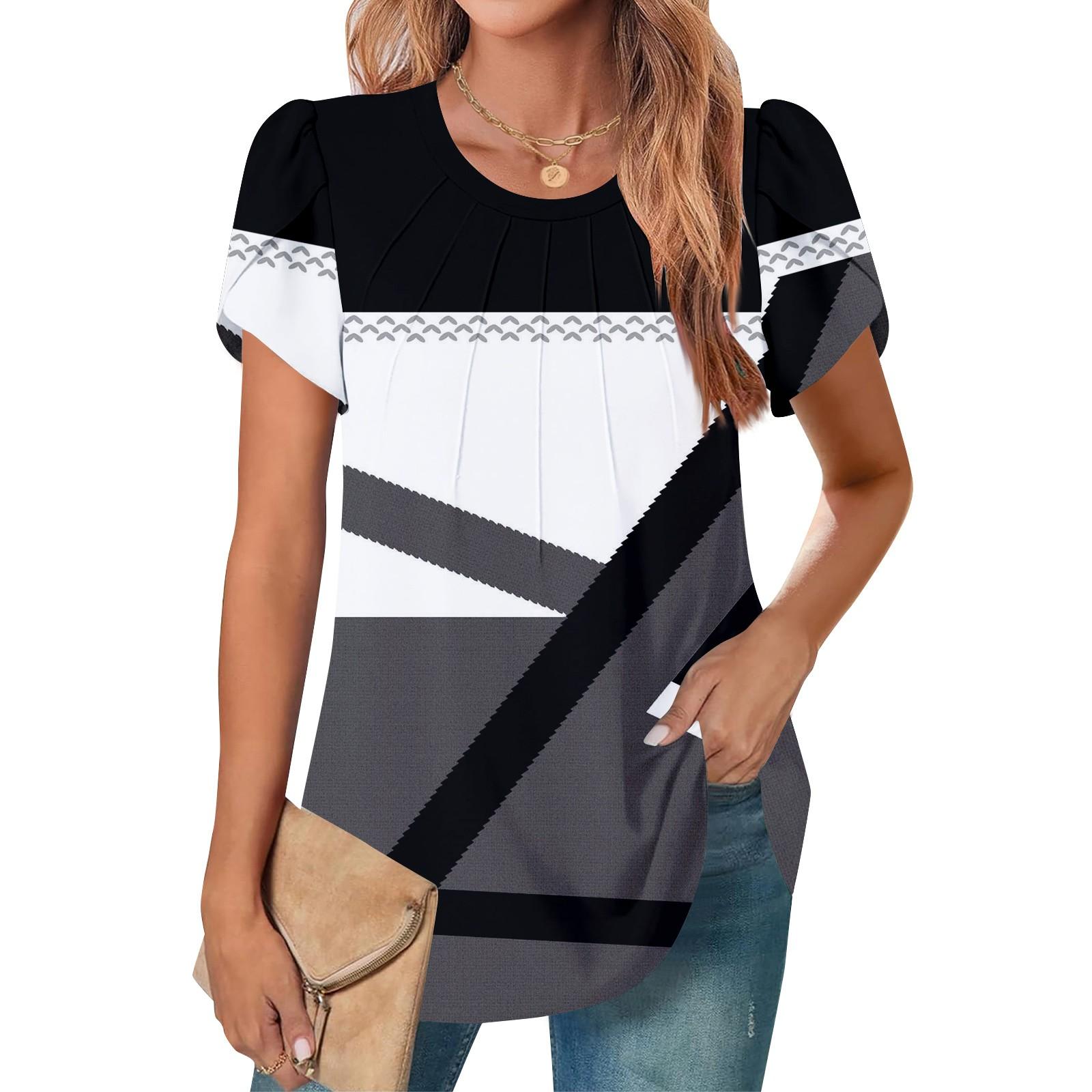 

Женский повседневный топ с круглым вырезом и коротким рукавом, с плиссировкой и расклешенными рукавами, с цветочным принтом L чёрный