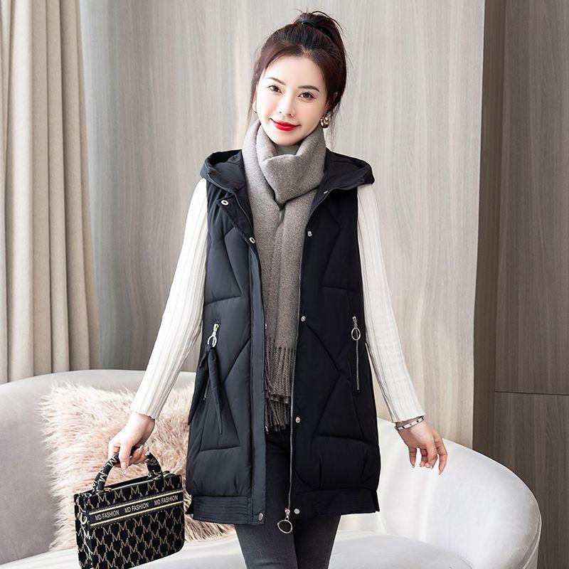 Autumn and Winter Women's Solid Color Hooded Warm and Windproof Mid-length Women's Sleeveless Jacket 9 Colors