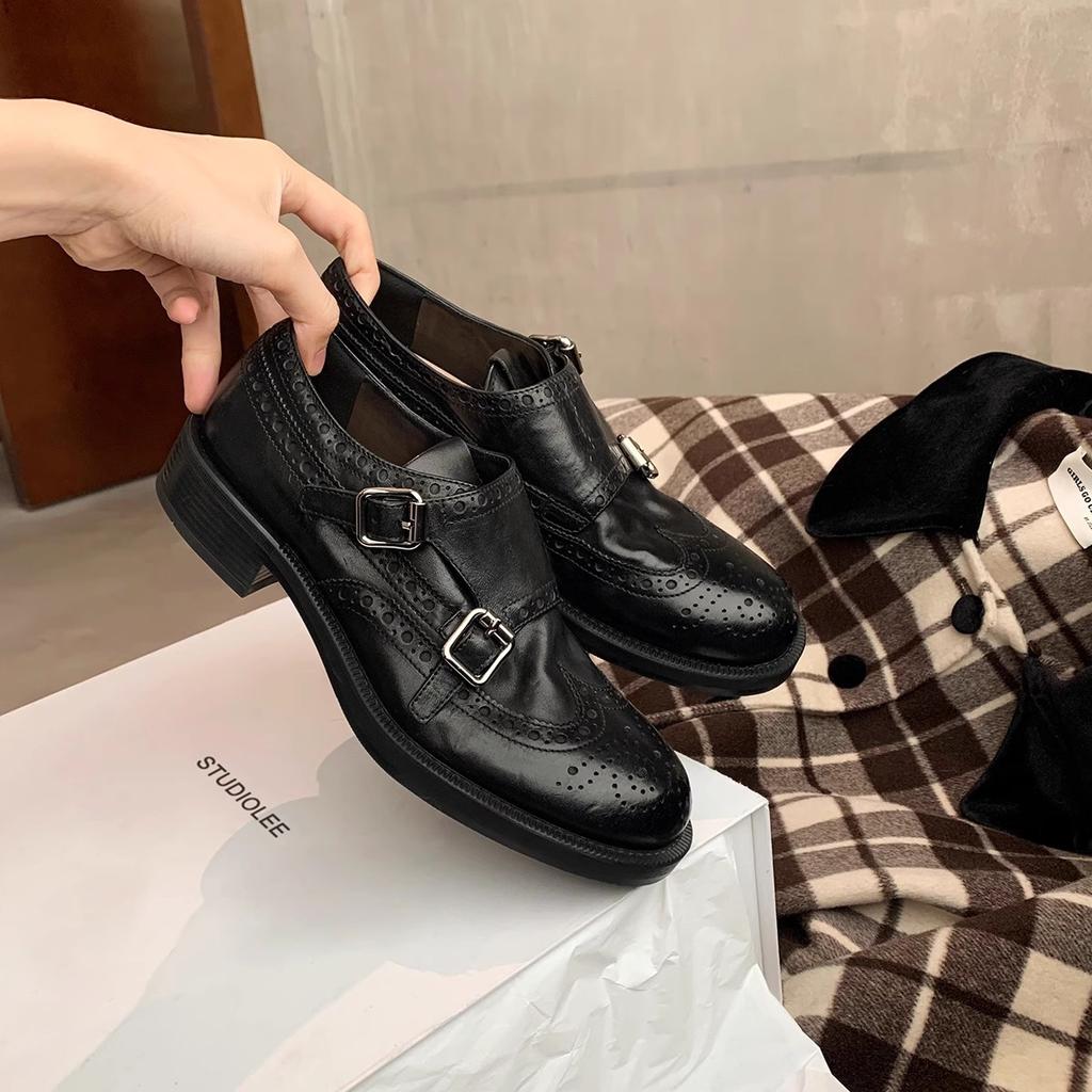 Spot version~ New double-button round head small leather shoes women's thick heel versatile British style loafers Oxford shoes single shoes
