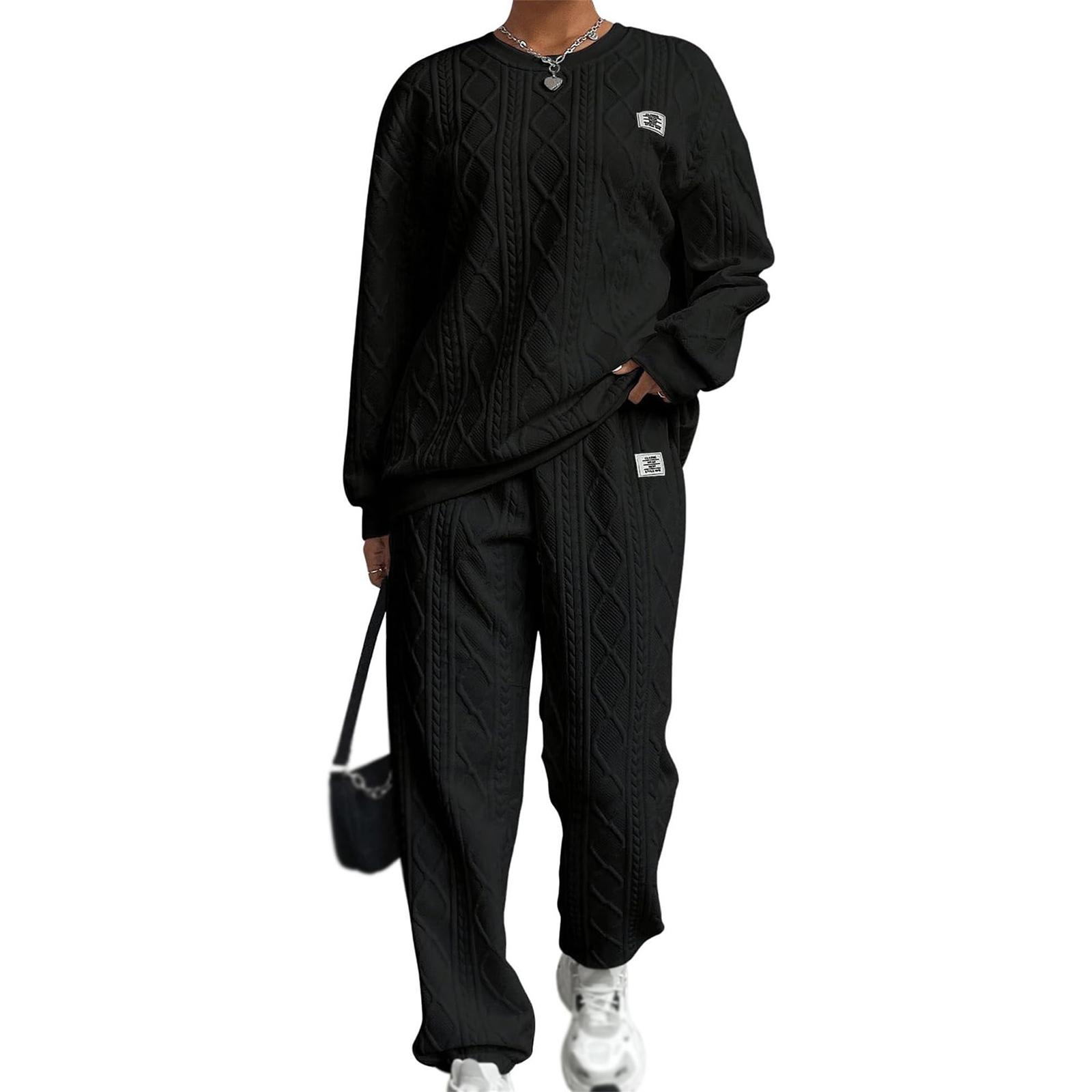 

Женский модный однотонный топ с круглым вырезом и длинными рукавами, комплект повседневных брюк с эластичной талией XL чёрный