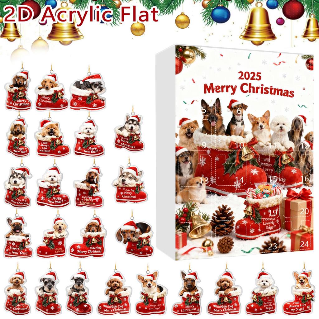 Weihnachts-Hunde-Adventskalender 24 weihnachtliche Ornamente mit Hundemotiv Feiertags-Countdown-Kalender Hunde mit roten Schuhen Perfekt für Tierliebhaber, Tierbesitzer