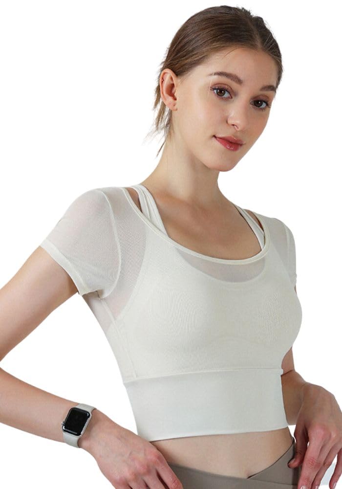 

Топ для йоги VeroMan с чашками для спортзала, сетка, влагоотводящий, быстросохнущий, одежда, пилатес, ppi-ssd027 (Белый, Л) белый