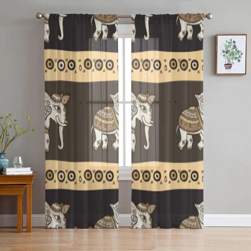 Elephant Hand Drawn Indian Style Sheer Curtains For Bedroom Living Room Tulle Curtains For Kitchen Window Voile Curtains
