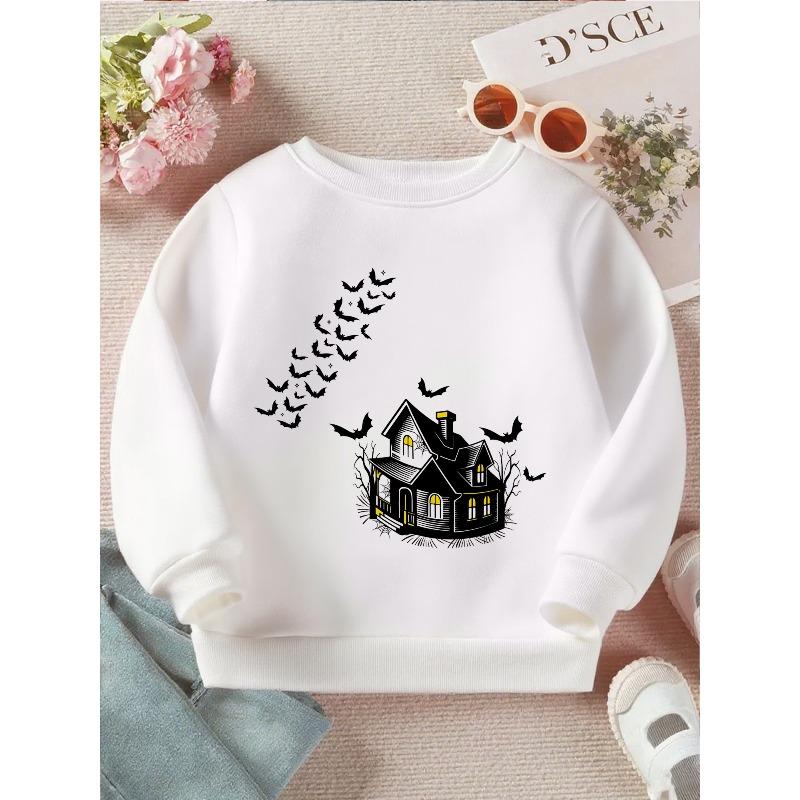 Kids Crewneck Sweatshirt, Cute Halloween Haunted House Flying Bats Graphic Print 110 белый