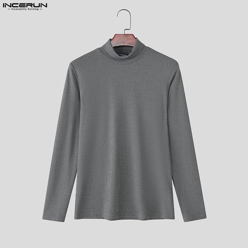 INCERUN S-5XL Men Long Sleeve Ribbed Fitted Pullover Tops Autumn Spring Undershirts