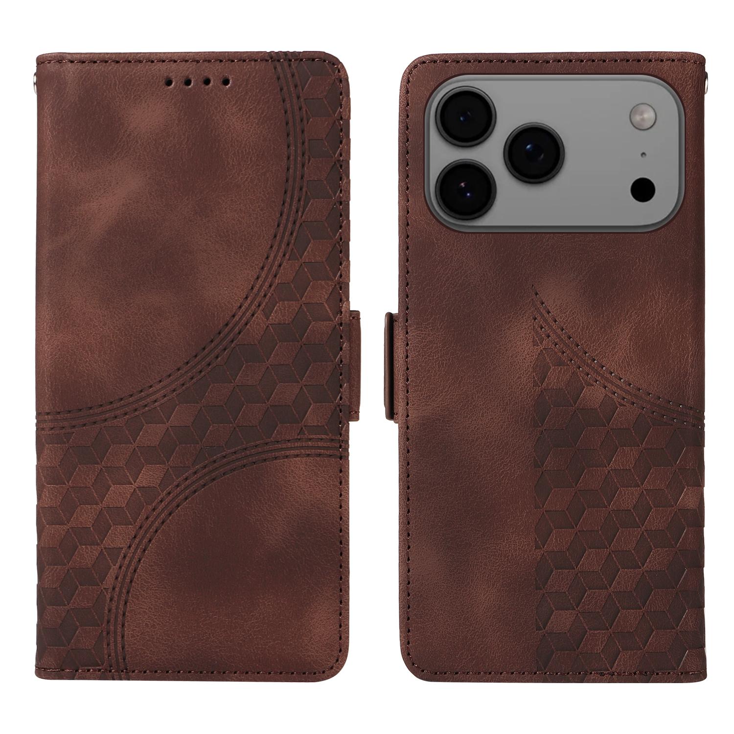 

For iPhone 17 Pro Max Leather Cases Wallet Rhombus Imprinted Phone Cover Stand with Strap D