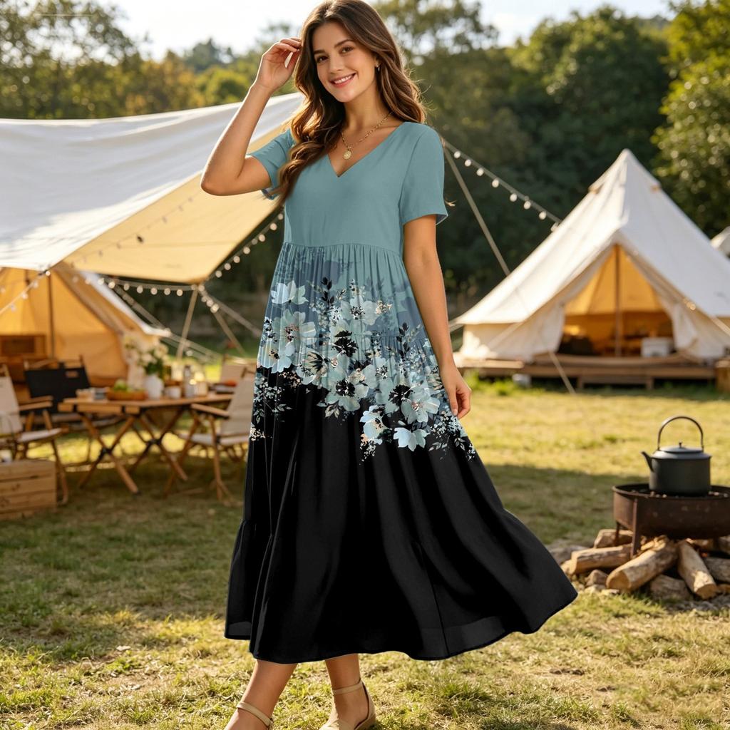Damen Lässiges Bohème-Stil Lockere Passform Blumenprint Kurzarm V-Ausschnitt Maxikleid für den Alltag