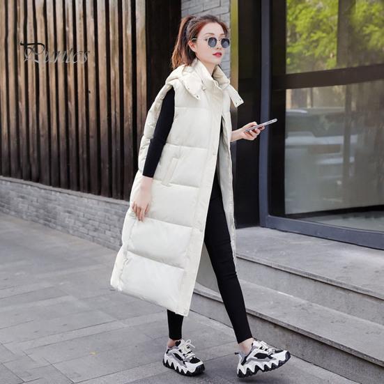 Winter Women Waistcoat Thickened Padded Zipper Closure Hooded Loose Fit Adjustable Waist with Belt Sleeveless Solid Color Windproof Heat Retention