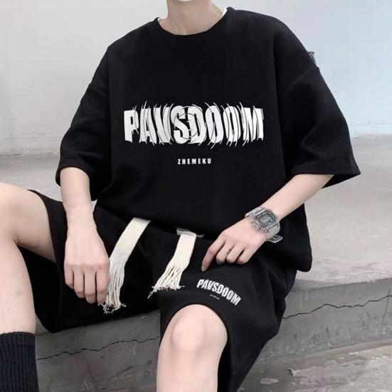 

2 шт./компл., мужской летний спортивный костюм с круглым вырезом, коротким рукавом, футболка с буквенным принтом, эластичный шнурок на талии, широкие шорты, комплект, наряд с вафельной текстурой 2XL синий