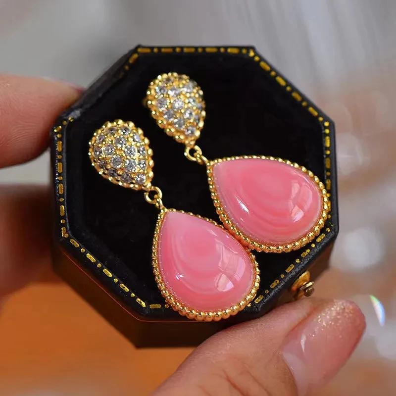 Creative Ancient Gold Crafts  Inlaid Diamonds Pink Fritillaria Water Droplets Long Earrings For Women Sweet Fresh Fine Jewelry